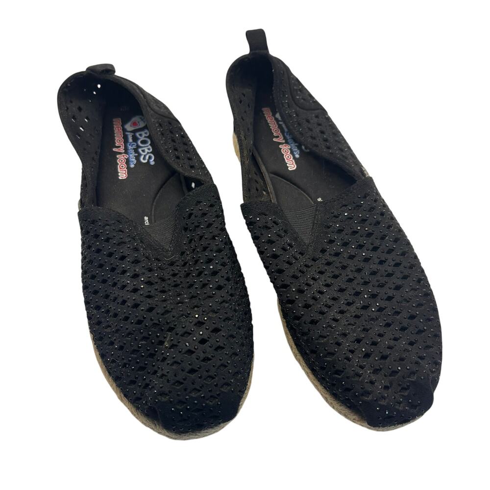 Skechers BOBS Womens 9.5 Black Rhinestone Espadrille Memory Foam Slip On Shoes